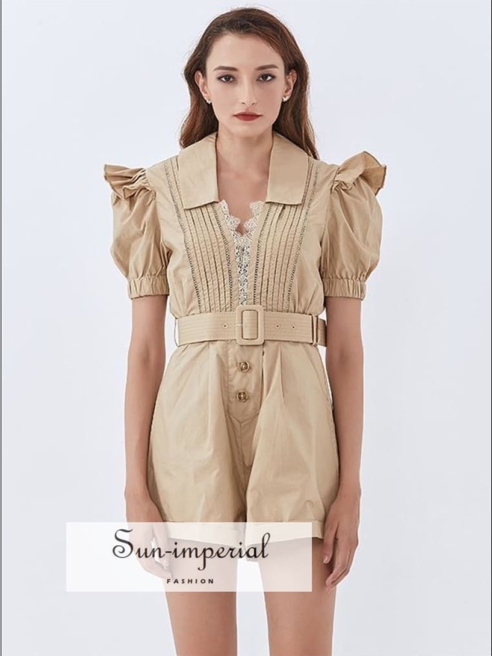 Beige Short Puff-Sleeve Belted Jumpsuit